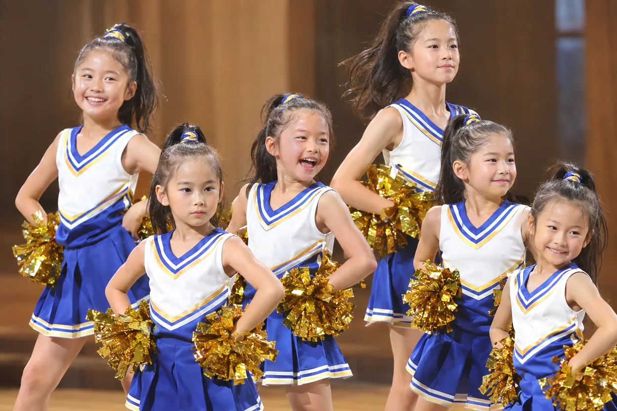 チアの発表会のステージで、高い位置のポニーテールで踊る小学生の女の子たち