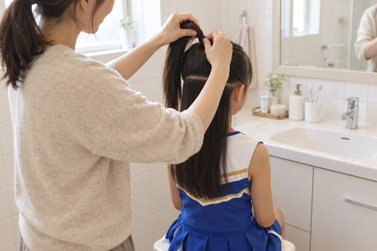 母親が娘の髪を両耳の上のラインで上下に分け、上半分を高い位置で結んでいる様子