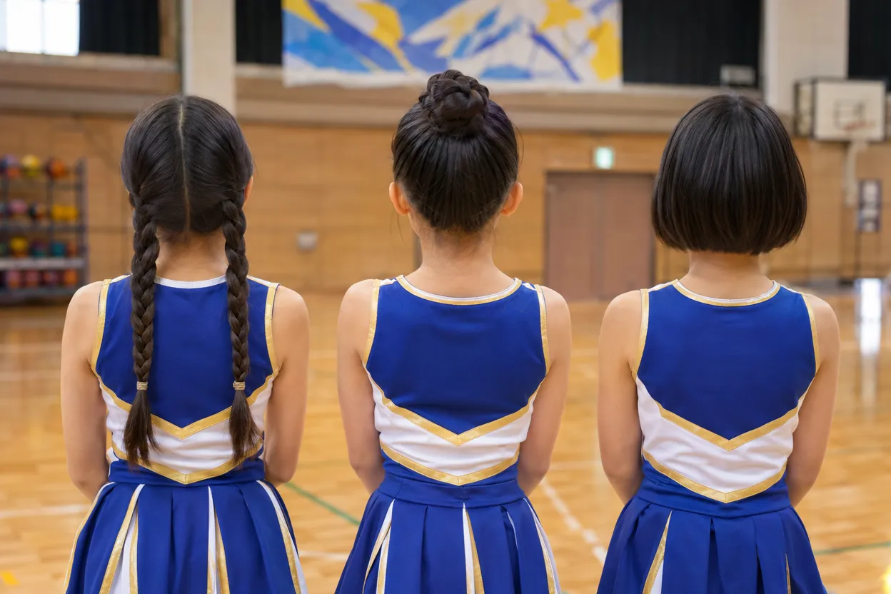 三つ編み・お団子・ボブの髪型をしたチアの女の子たちの後ろ姿