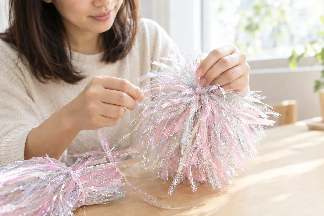 手作りポンポンのスズランテープを1枚ずつ細く裂いて広げている手元