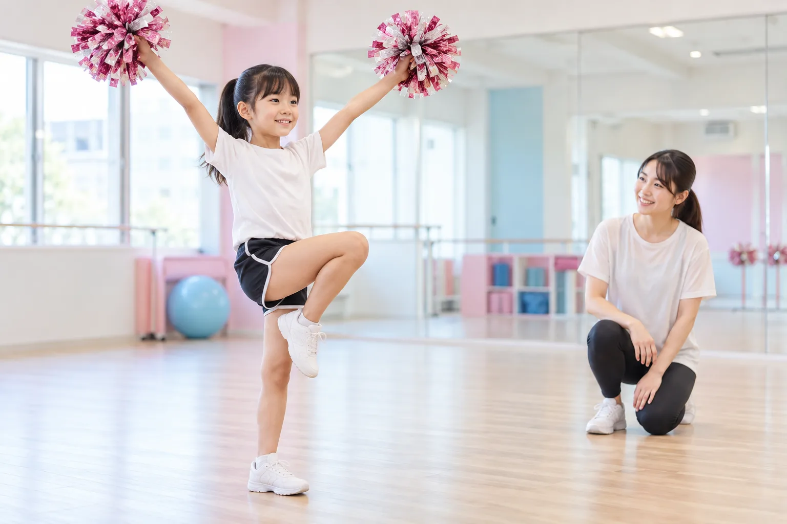 片足でチアのポーズを練習する子どもと見守るインストラクター